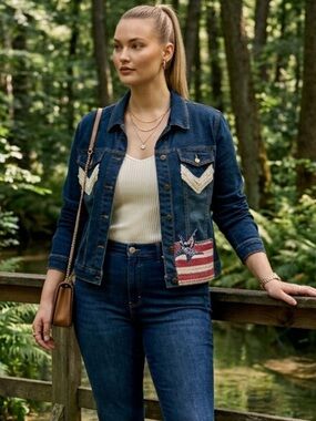 Blue Denim Jean Jacket with hand stitched embellishments- one-of-a-kind